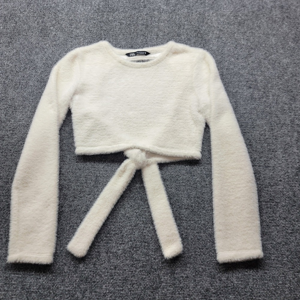 Zara Womens Cream Fuzzy Eyelash Knit Open Back Tie Crop Sweater Small